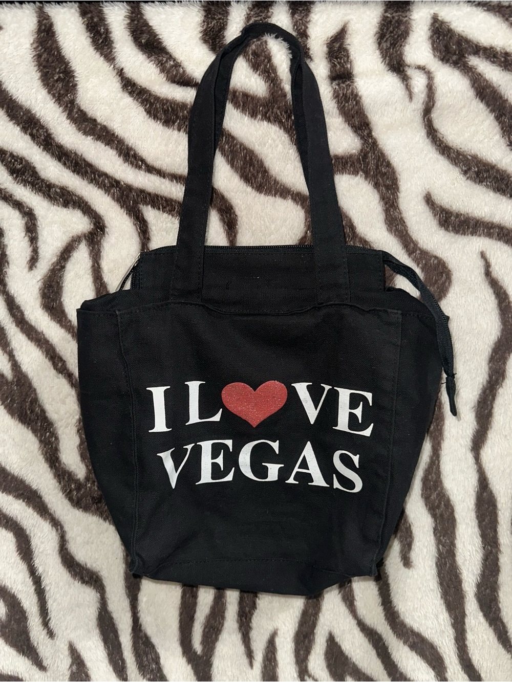 I Love Vegas Black Mini Tote Bag with Red Heart Print